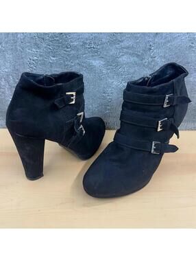 Report Rachael Black Faux Suede Ankle Booties with Silver Buckle Straps